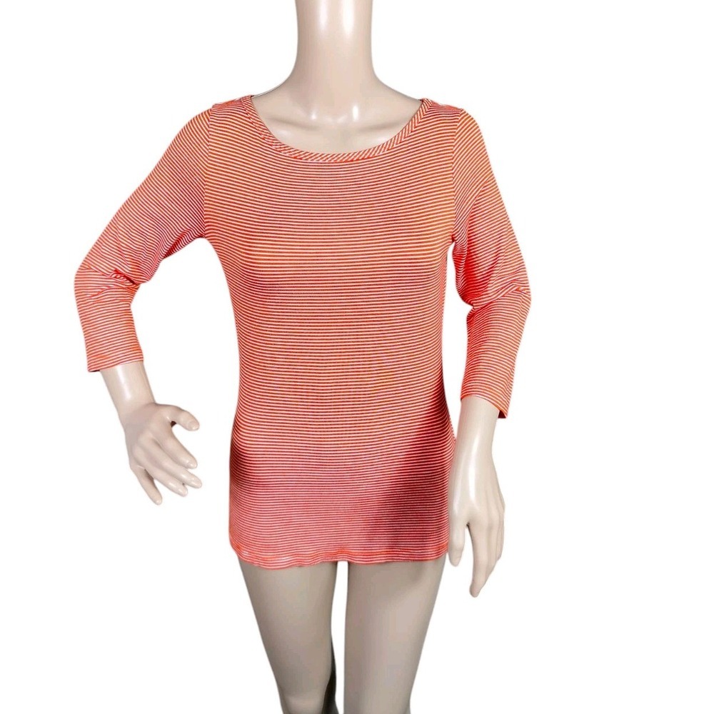 Threedots T Shirt Woman's Small Orange White Casual Stretchy Striped Momcore
